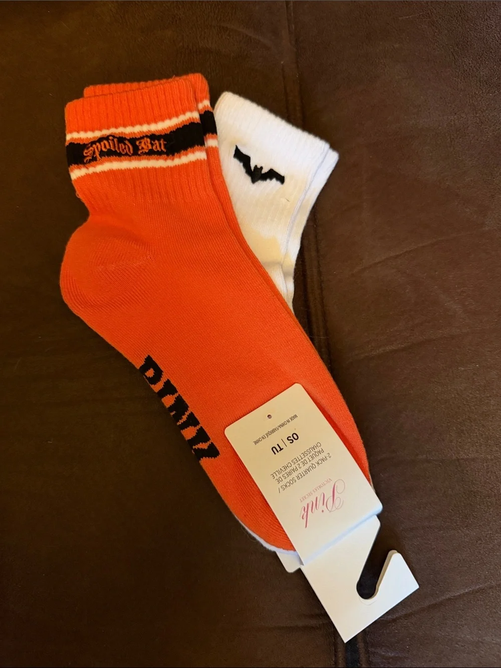 PINK Victoria's Secret Orange & White Crew Socks with Bat Detail